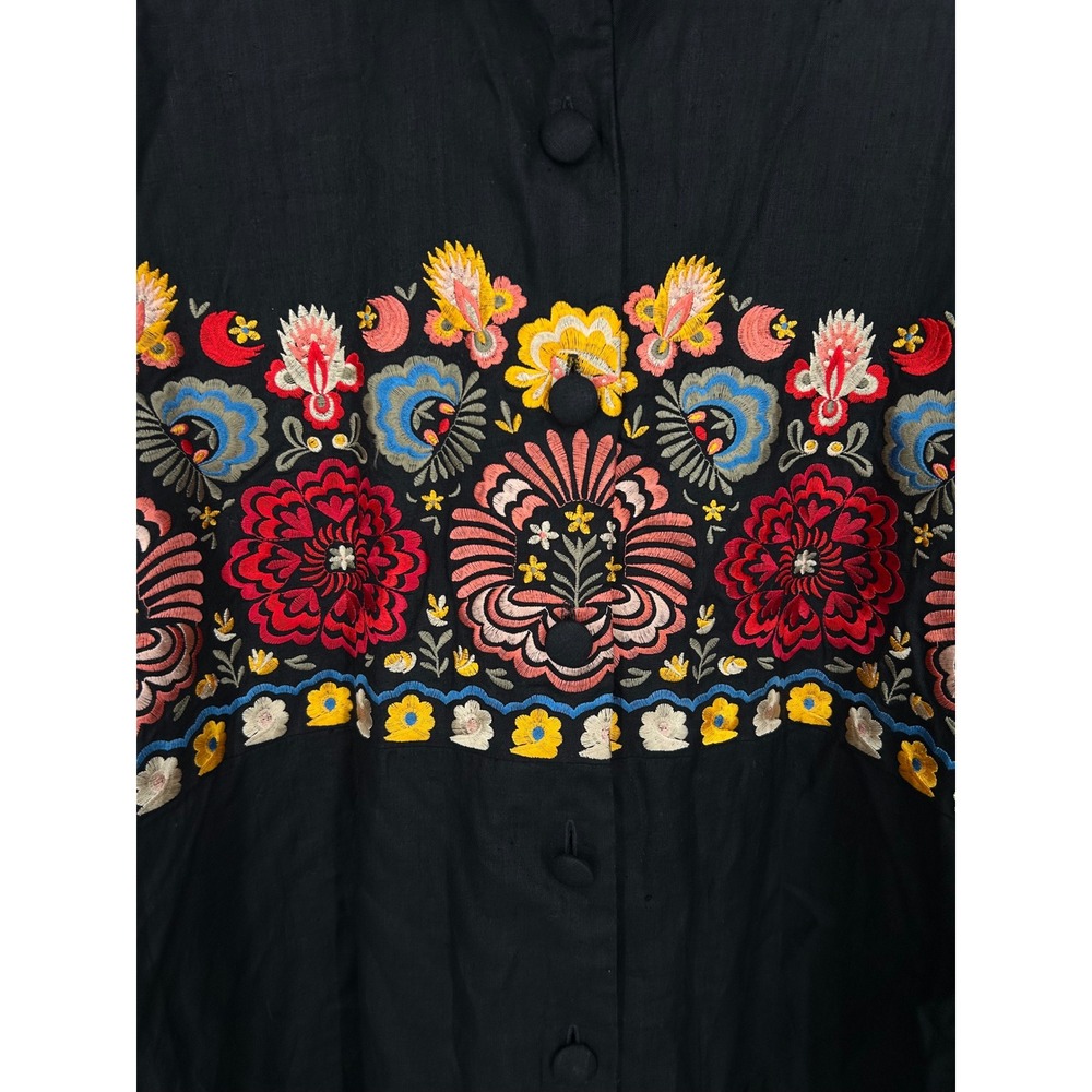 Andrea Jovine Black Linen Embroidered Floral Shirt Dress Tunic Size 14 -‎ CJ - Picture 4 of 8